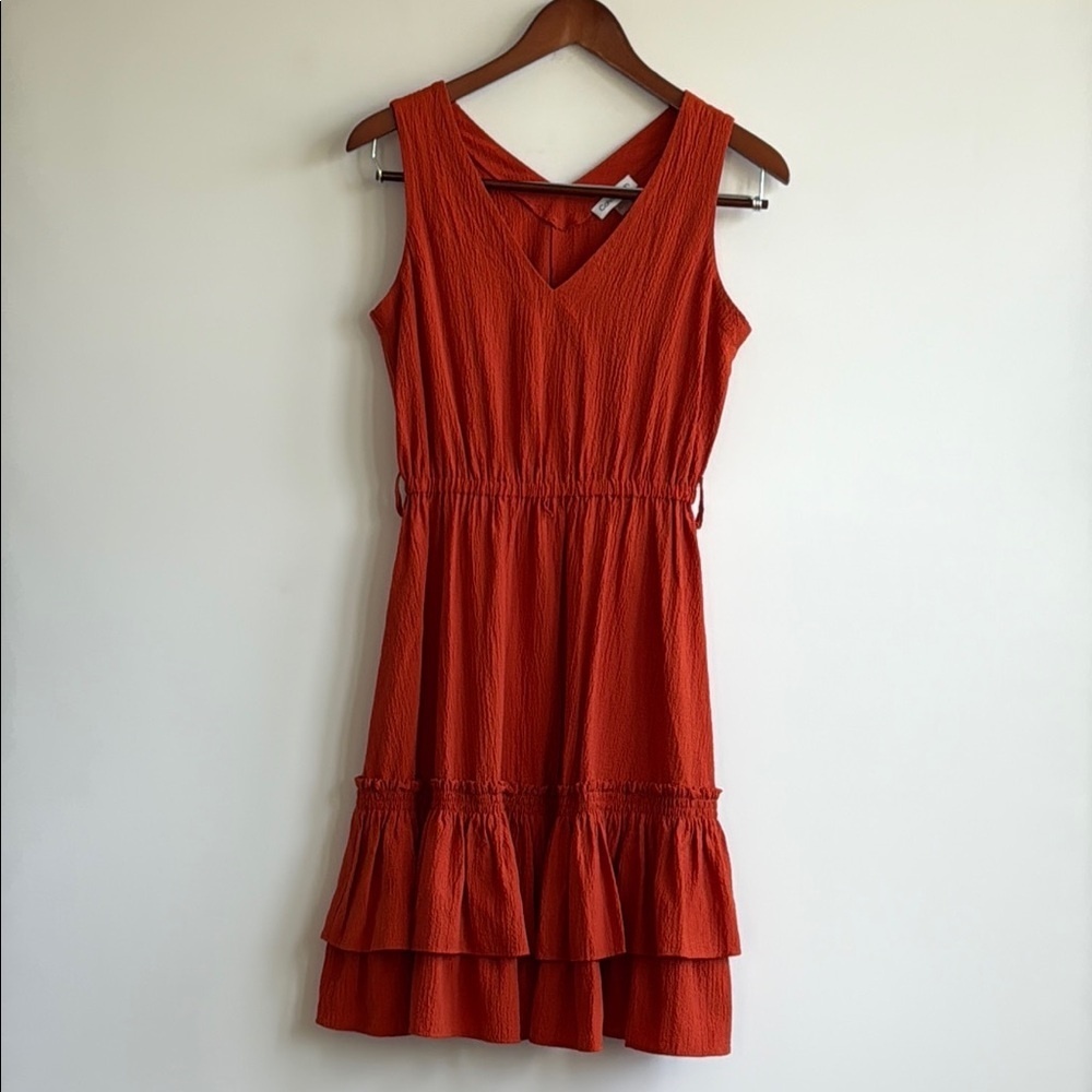 Calvin Klein Rust Orange-Red V Neck Sleeveless Ruffle Flare Dress Sz 2